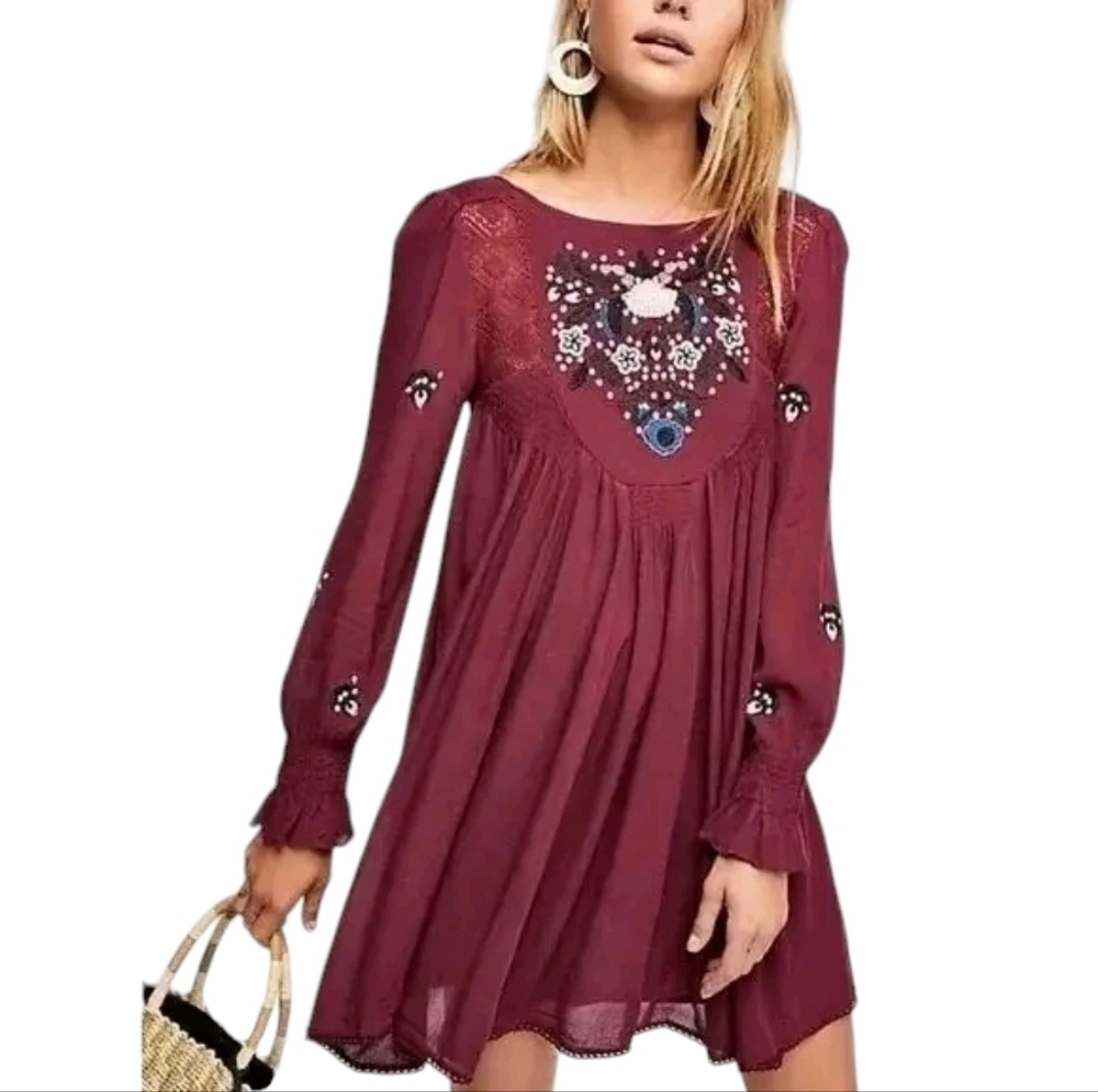 Free People Mohave Embroided Mini Dress Burgundy Plum - Picture 3 of 7